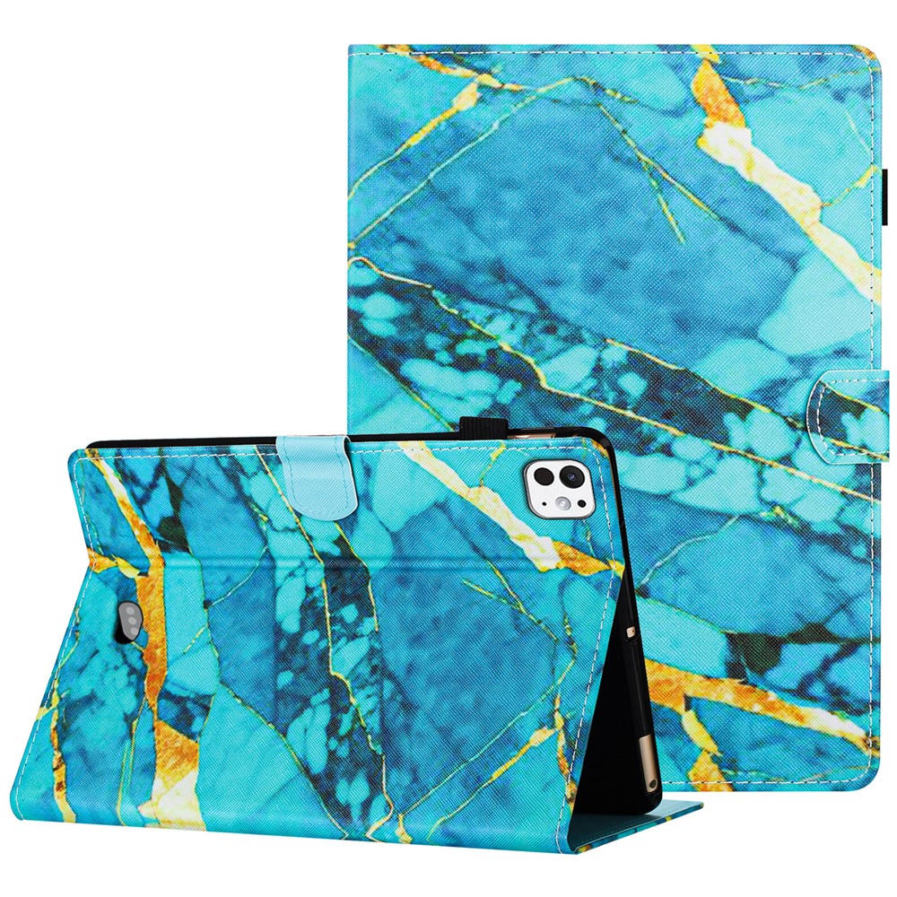 For iPad Pro 11 (2025) / 11 (2024) Case Card Slots Leather Tablet Cover Marble Pattern - Gold+Blue Marble