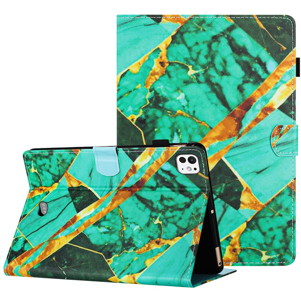 For iPad Pro 11 (2025) / 11 (2024) Case Card Slots Leather Tablet Cover Marble Pattern - Gold+Green Marble