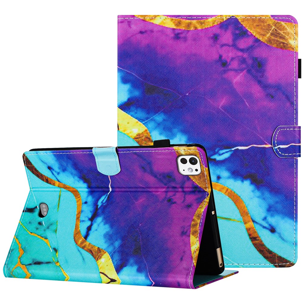 For iPad Pro 11 (2025) / 11 (2024) Case Card Slots Leather Tablet Cover Marble Pattern - Purple+Blue Marble