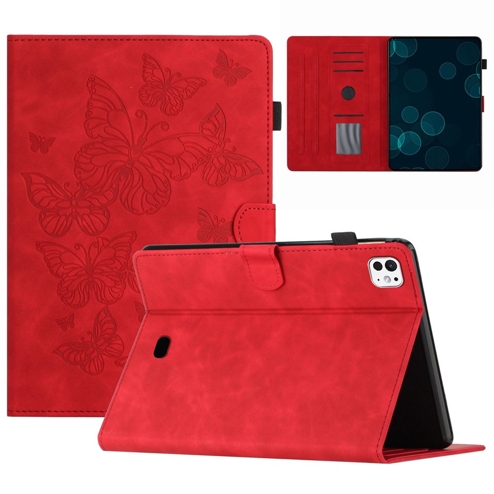 For iPad Pro 11 (2025) / 11 (2024) Case Butterfly Leather Folio Tablet Cover Auto Sleep / Wake - Red