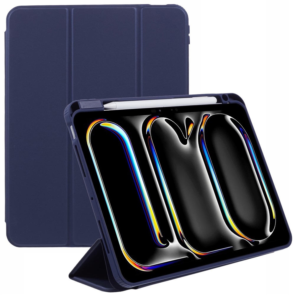 MUTURAL For iPad Pro 11 (2025) / 11 (2024) Case Tri-Fold Stand Transparent Back Leather Cover with Pen Slot - Dark Blue
