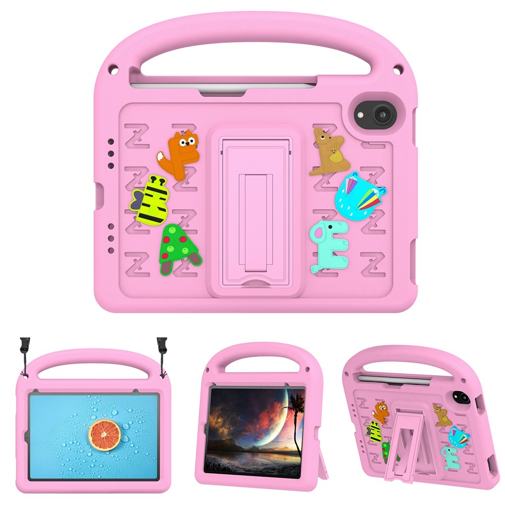 For iPad mini (2024) / mini (2021) Case Cartoon Design Shockproof EVA+PC Tablet Cover with Kickstand, Strap - Pink