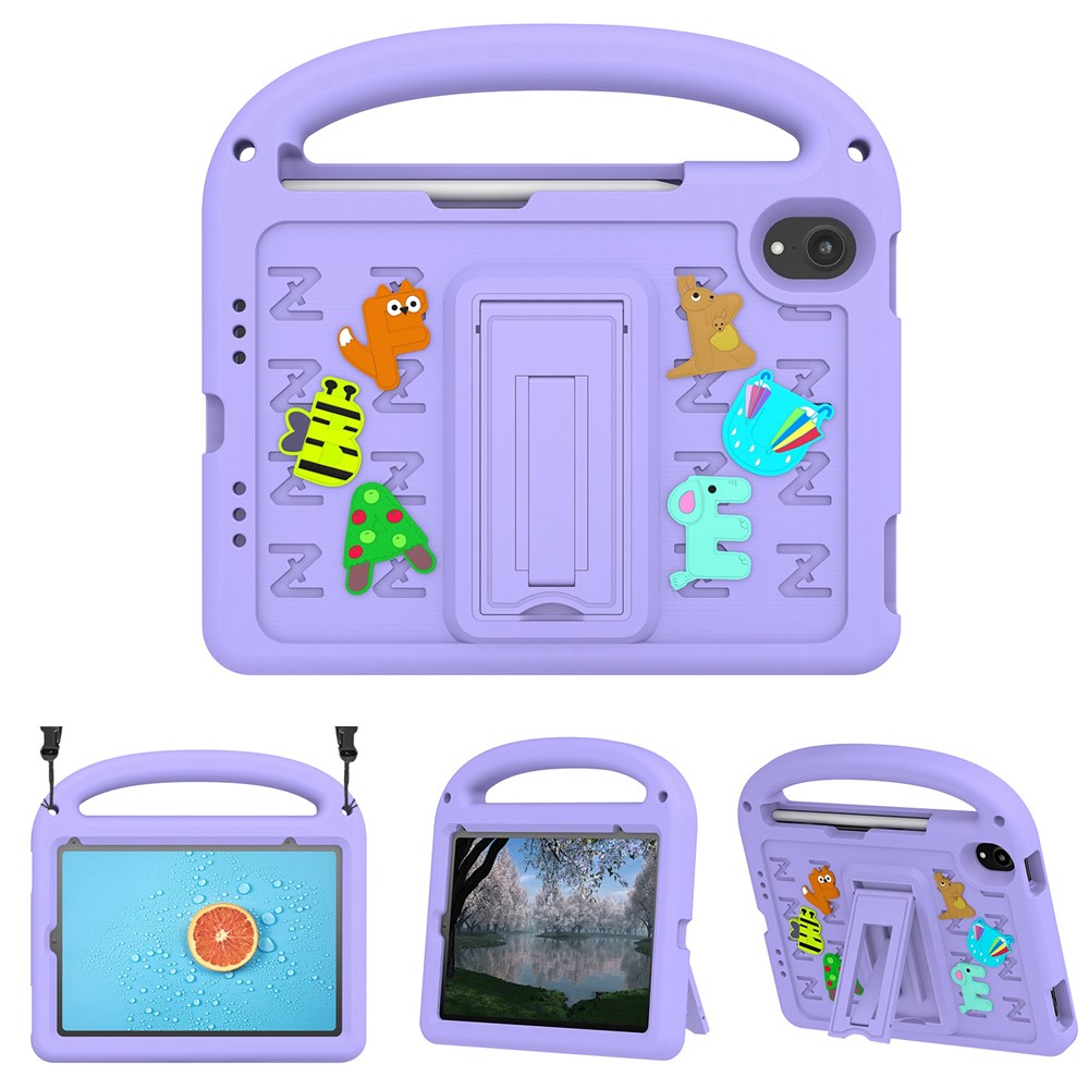 For iPad mini (2024) / mini (2021) Case Cartoon Design Shockproof EVA+PC Tablet Cover with Kickstand, Strap - Purple