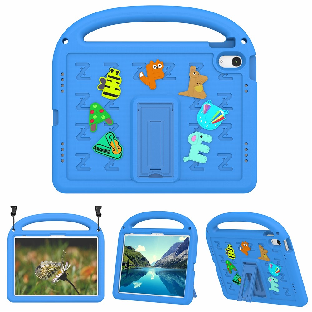For iPad (2025) / 10.9 (2022) Case with Strap EVA+PC Kickstand Tablet Cover Cartoon Design - Blue