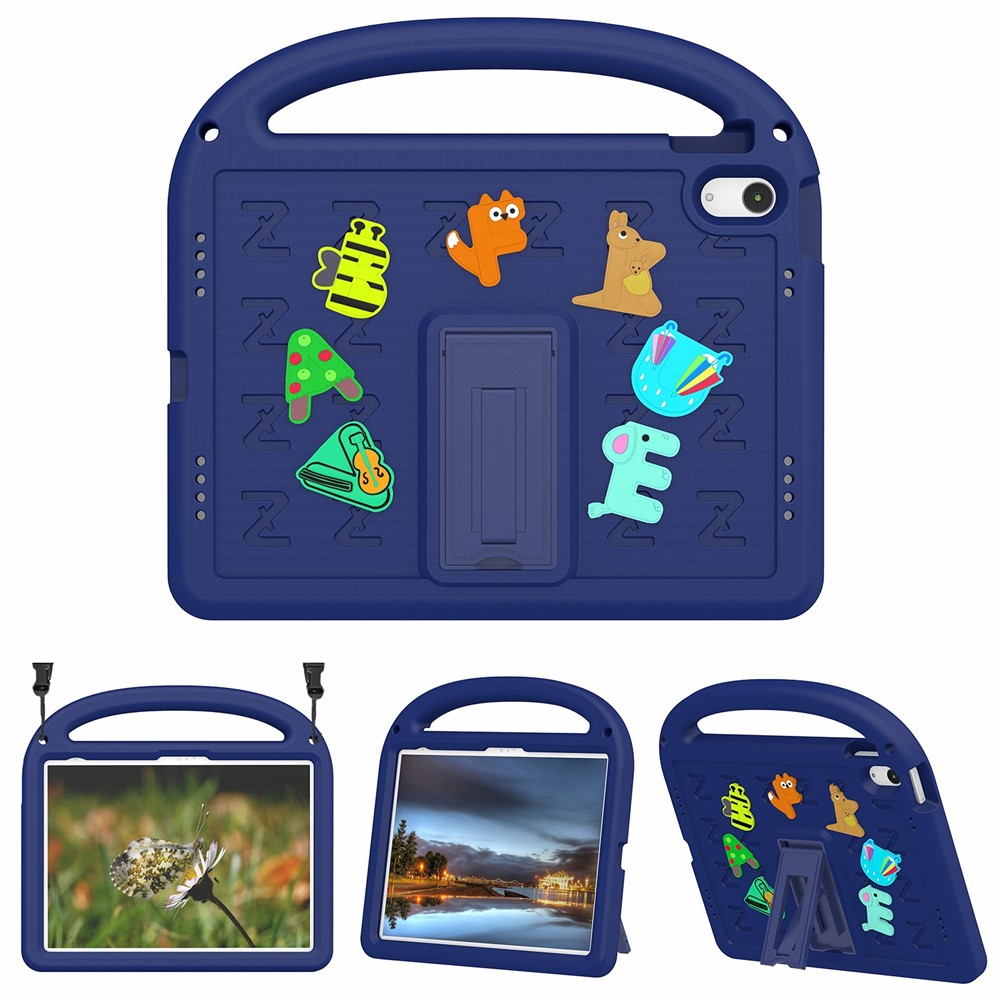 For iPad (2025) / 10.9 (2022) Case with Strap EVA+PC Kickstand Tablet Cover Cartoon Design - Navy Blue