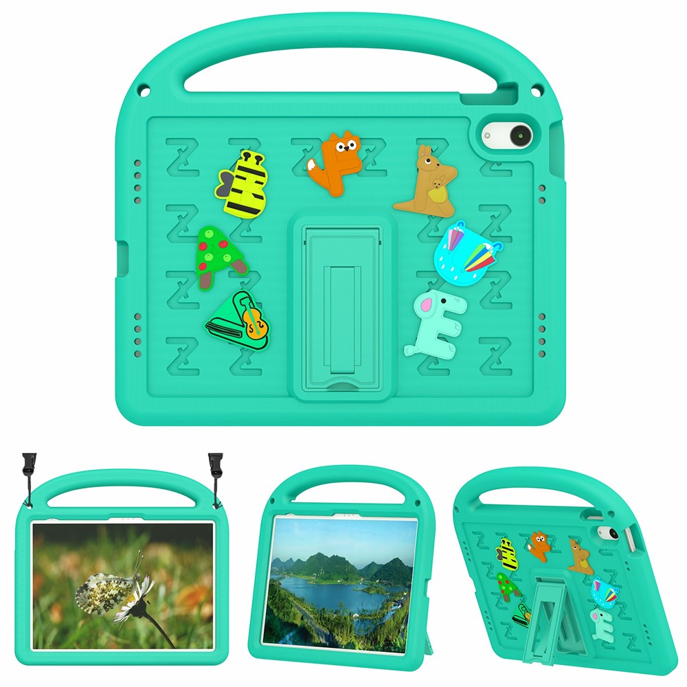 For iPad (2025) / 10.9 (2022) Case with Strap EVA+PC Kickstand Tablet Cover Cartoon Design - Green