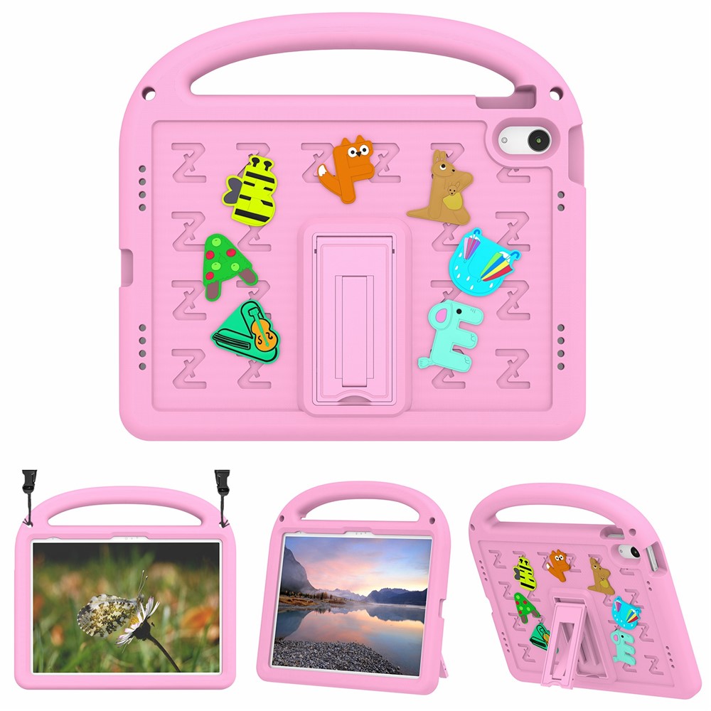 For iPad (2025) / 10.9 (2022) Case with Strap EVA+PC Kickstand Tablet Cover Cartoon Design - Pink