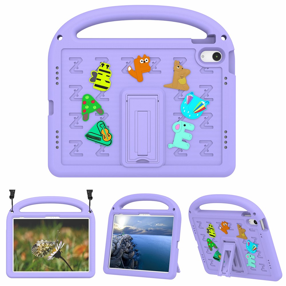 For iPad (2025) / 10.9 (2022) Case with Strap EVA+PC Kickstand Tablet Cover Cartoon Design - Purple