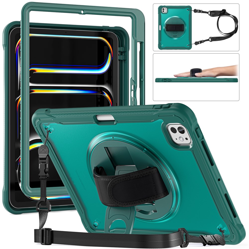 For iPad Pro 11 (2025) / 11 (2024) Case Hand Strap Kickstand PC+TPU+Silicone Cover with Shoulder Strap - Midnight Green