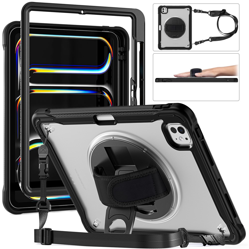For iPad Pro 11 (2025) / 11 (2024) Case Hand Strap Kickstand PC+TPU+Silicone Cover with Shoulder Strap - Transparent