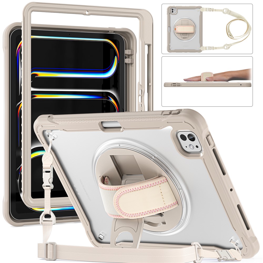 For iPad Pro 11 (2025) / 11 (2024) Case Hand Strap Kickstand PC+TPU+Silicone Cover with Shoulder Strap - Khaki