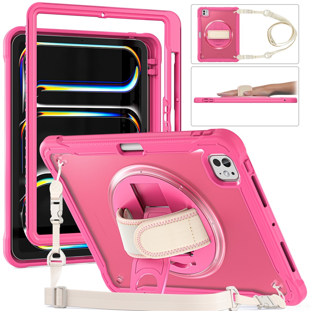 For iPad Pro 11 (2025) / 11 (2024) Case Hand Strap Kickstand PC+TPU+Silicone Cover with Shoulder Strap - Rose
