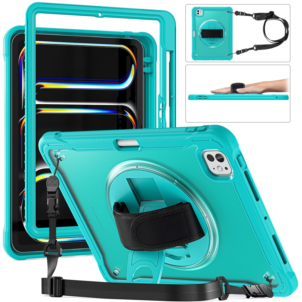 For iPad Pro 11 (2025) / 11 (2024) Case Hand Strap Kickstand PC+TPU+Silicone Cover with Shoulder Strap - Baby Blue