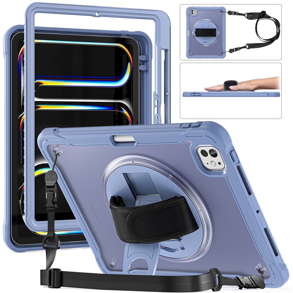 For iPad Pro 11 (2025) / 11 (2024) Case Hand Strap Kickstand PC+TPU+Silicone Cover with Shoulder Strap - Lavender Grey