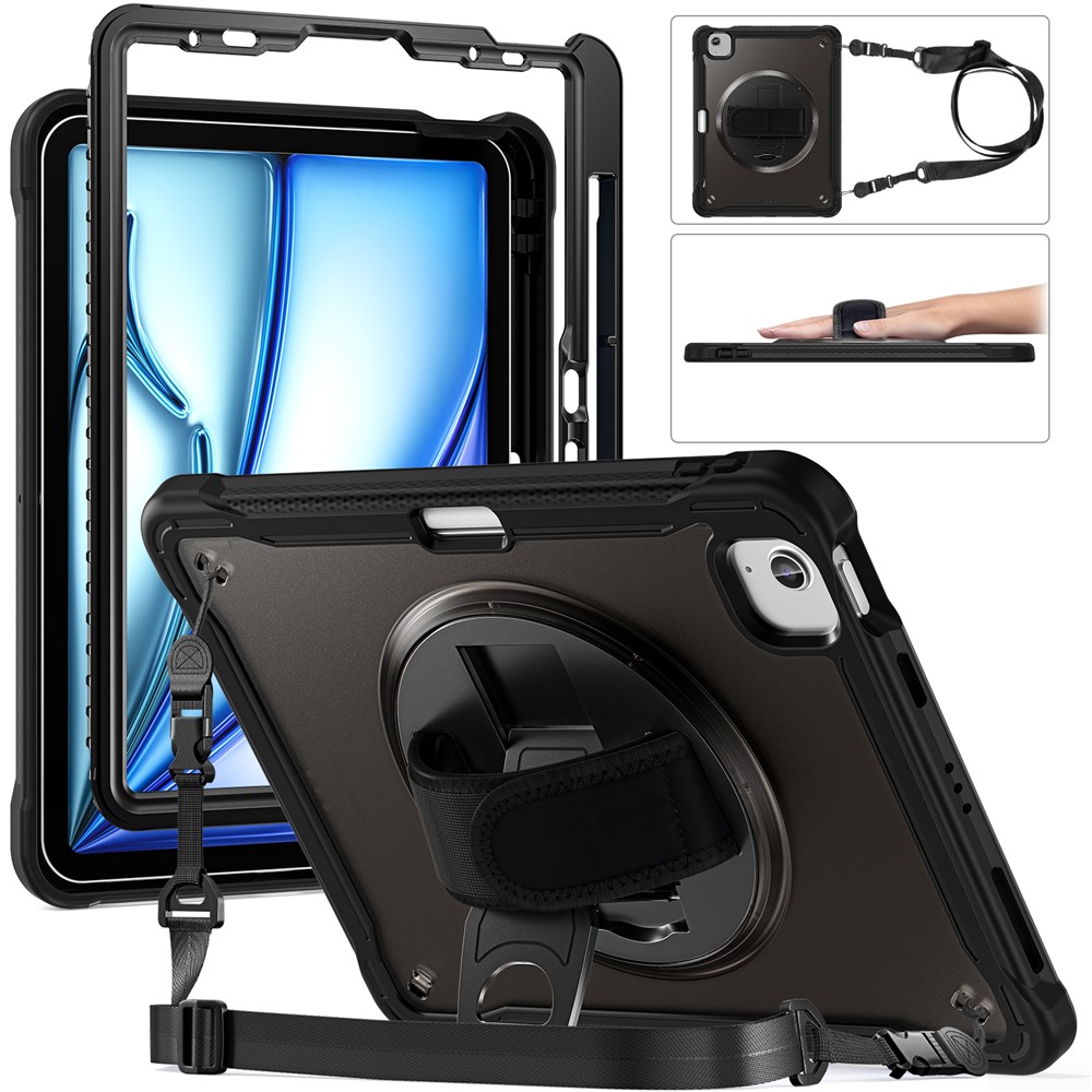 For iPad Air 11 (2025) / (2024) / Air (2022) / (2020) / Pro 11 (2022) / (2021) / (2020) / (2018) Case Kickstand Cover with Strap - Transparent Black