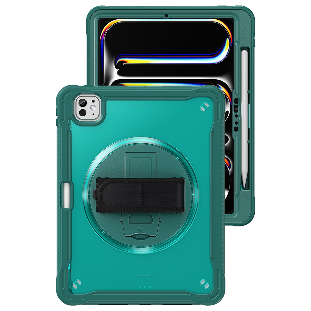For iPad Pro 11 (2025) / 11 (2024) Case Kickstand PC+TPU+Silicone Tablet Cover with Rotary Hand Strap - Midnight Green