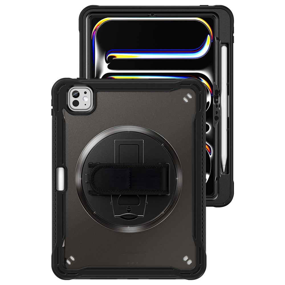 For iPad Pro 11 (2025) / 11 (2024) Case Kickstand PC+TPU+Silicone Tablet Cover with Rotary Hand Strap - Transparent Black