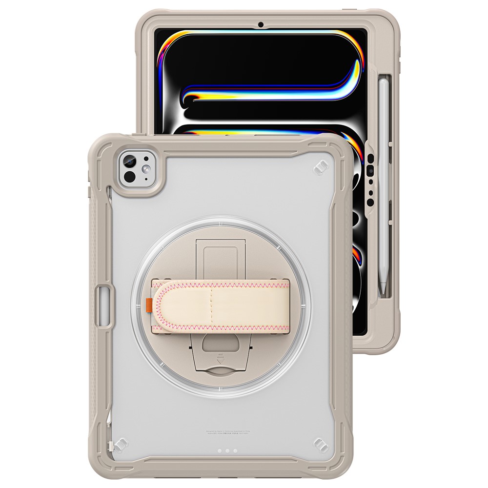 For iPad Pro 11 (2025) / 11 (2024) Case Kickstand PC+TPU+Silicone Tablet Cover with Rotary Hand Strap - Khaki