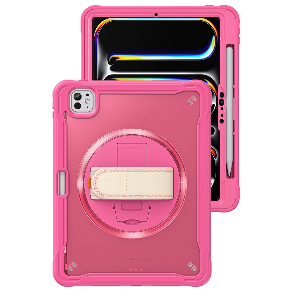 For iPad Pro 11 (2025) / 11 (2024) Case Kickstand PC+TPU+Silicone Tablet Cover with Rotary Hand Strap - Rose