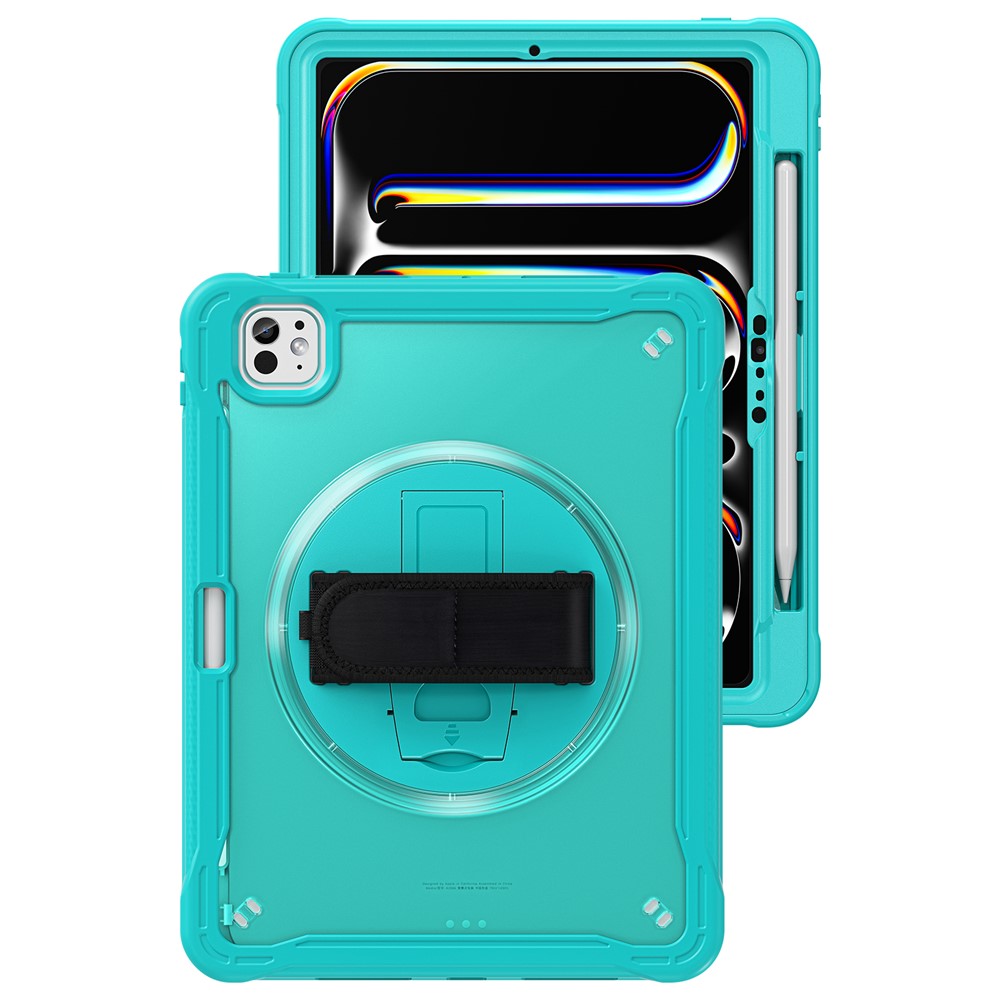 For iPad Pro 11 (2025) / 11 (2024) Case Kickstand PC+TPU+Silicone Tablet Cover with Rotary Hand Strap - Baby Blue