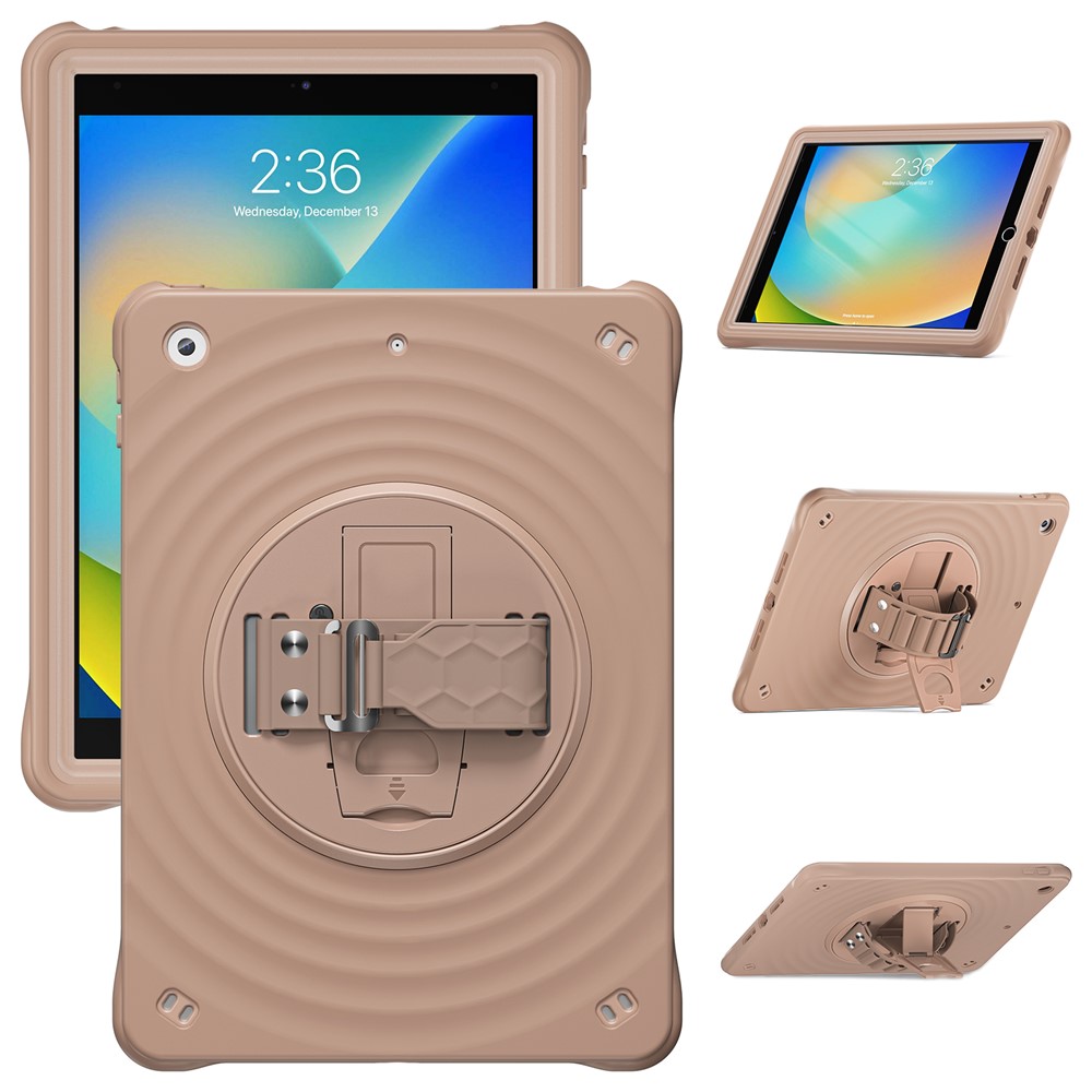For iPad 10.2 (2021) / (2020) / (2019) Case Hand Strap Kickstand TPU+PC+Silicone Tablet Cover - Latte Color