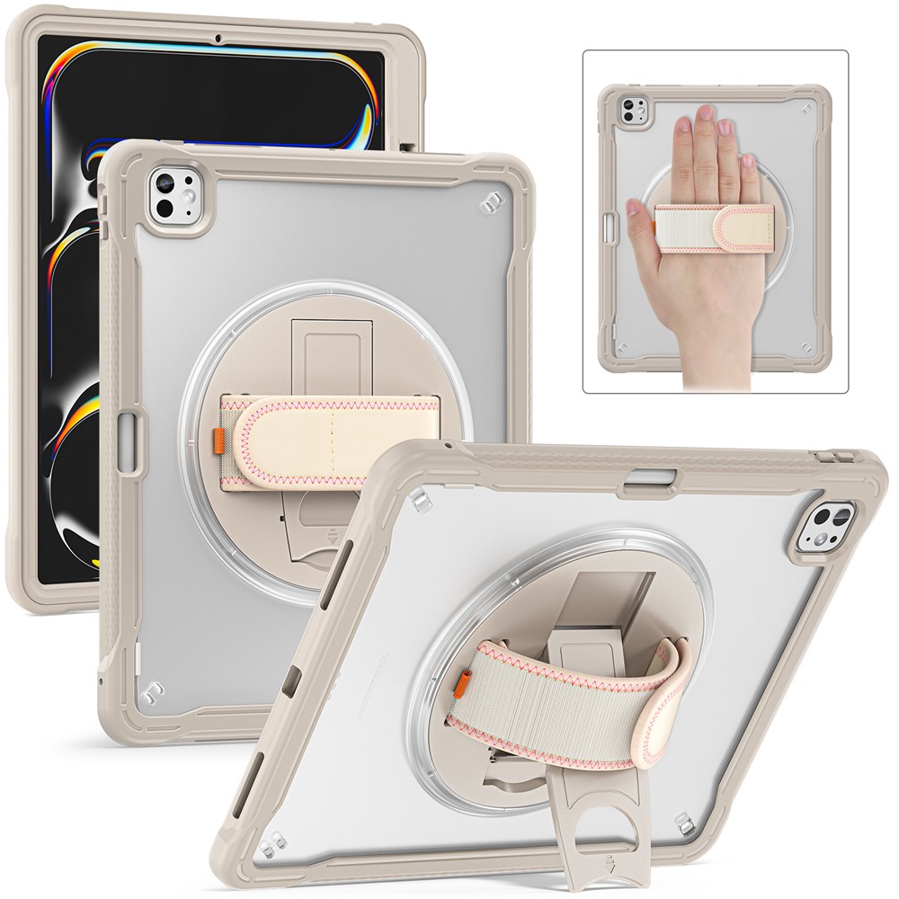 For iPad Pro 13 (2025) / (2024) Case Kickstand PC+TPU+Silicone Tablet Cover with Rotary Hand Strap - Khaki