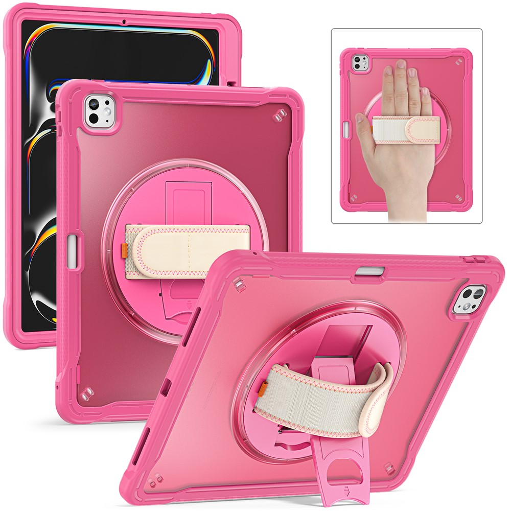 For iPad Pro 13 (2025) / (2024) Case Kickstand PC+TPU+Silicone Tablet Cover with Rotary Hand Strap - Rose