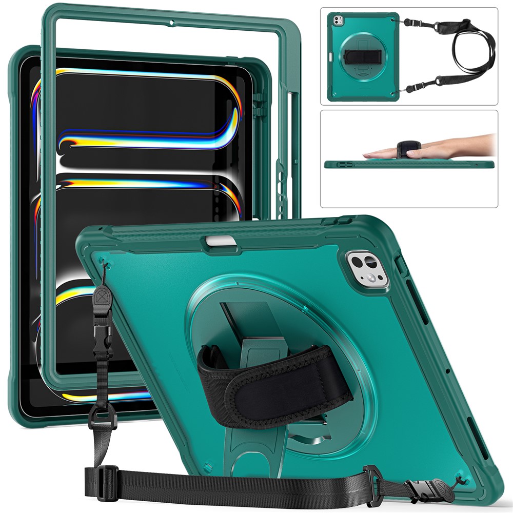 For iPad Pro 13 (2025) / (2024) Case Hand Strap Kickstand PC+TPU+Silicone Cover with Shoulder Strap - Midnight Green