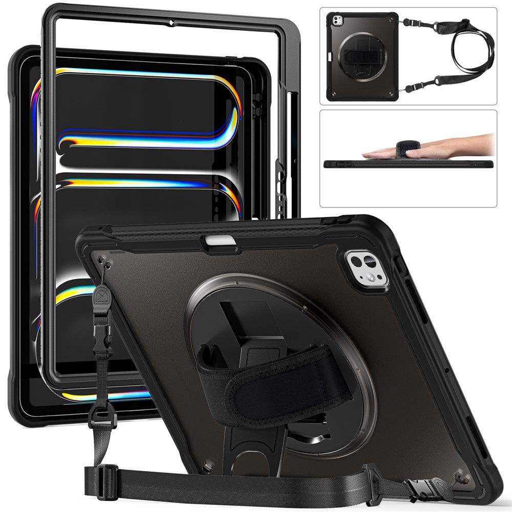 For iPad Pro 13 (2025) / (2024) Case Hand Strap Kickstand PC+TPU+Silicone Cover with Shoulder Strap - Transparent Black