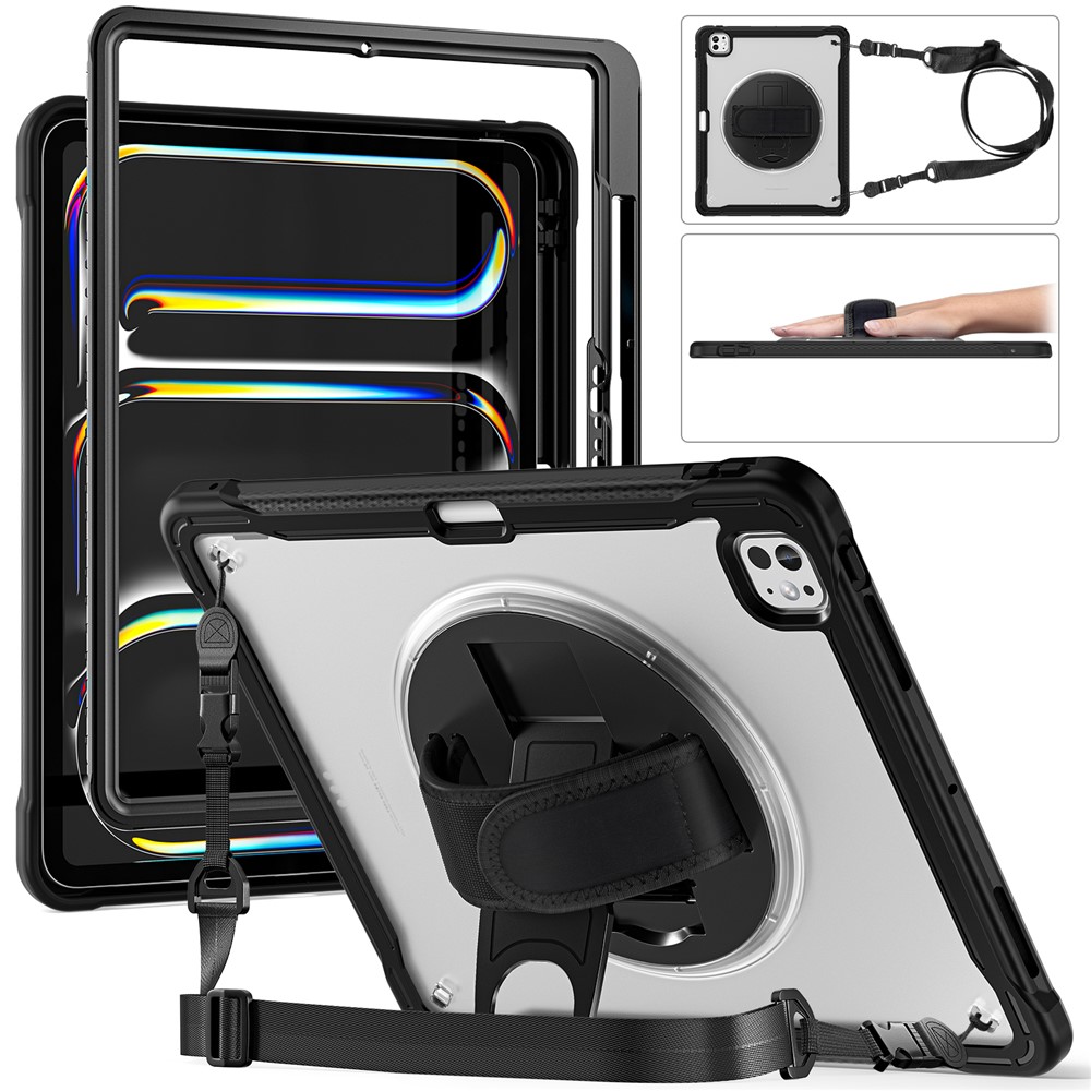 For iPad Pro 13 (2025) / (2024) Case Hand Strap Kickstand PC+TPU+Silicone Cover with Shoulder Strap - Transparent