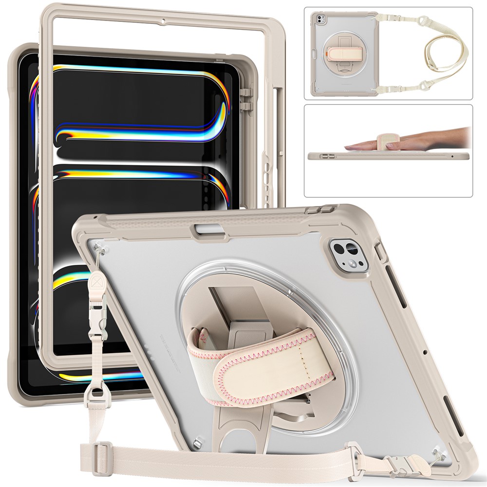 For iPad Pro 13 (2025) / (2024) Case Hand Strap Kickstand PC+TPU+Silicone Cover with Shoulder Strap - Khaki