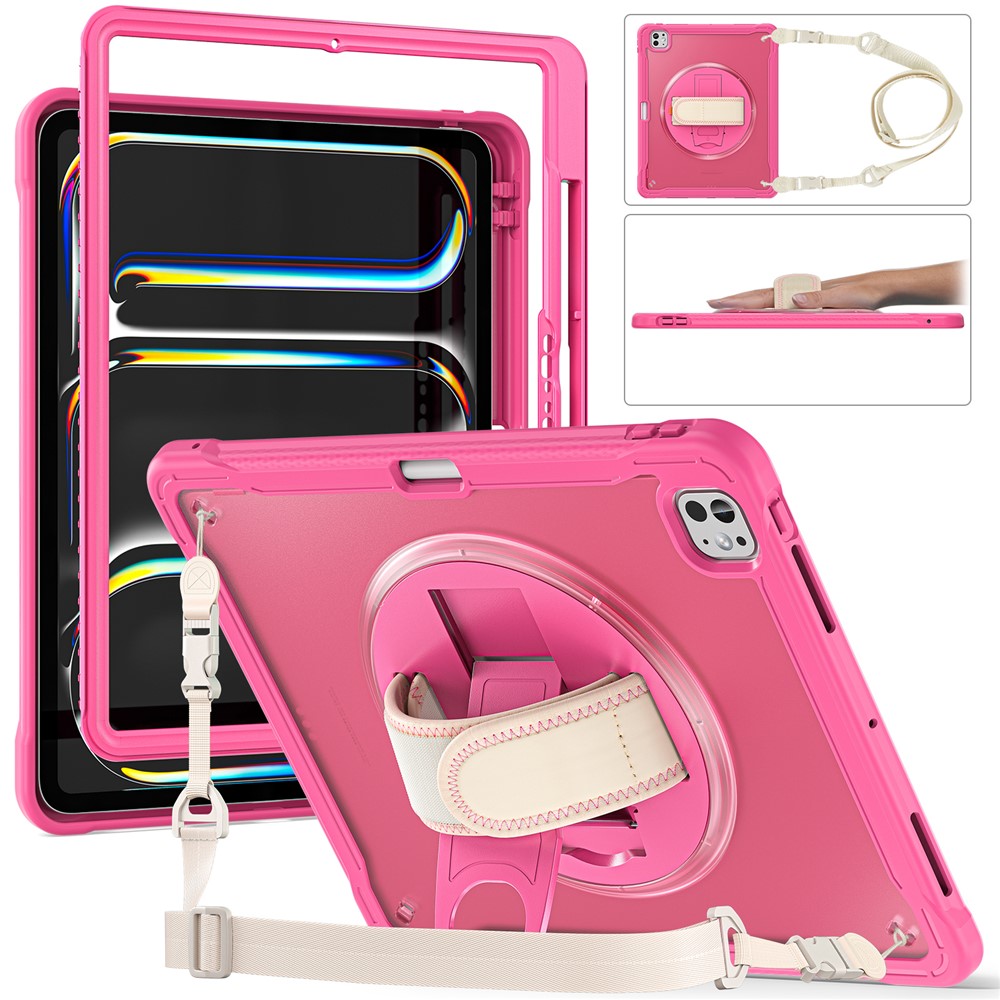 For iPad Pro 13 (2025) / (2024) Case Hand Strap Kickstand PC+TPU+Silicone Cover with Shoulder Strap - Rose