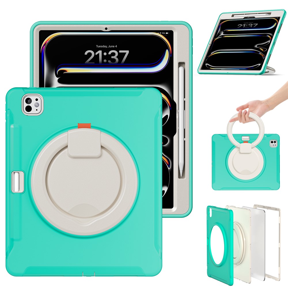 For iPad Pro 13 (2025) / (2024) Case Hand Grip Kickstand PC+TPU Cover with Pen Slot - Mint Green