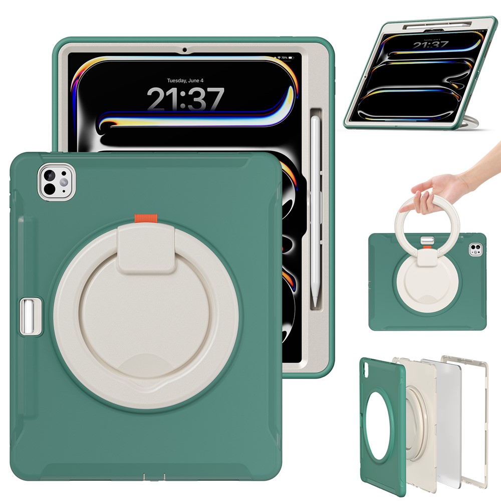 For iPad Pro 13 (2025) / (2024) Case Hand Grip Kickstand PC+TPU Cover with Pen Slot - Emerald Green