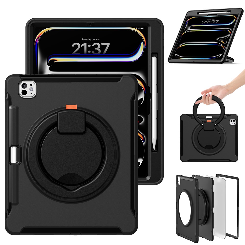 For iPad Pro 13 (2025) / (2024) Case Hand Grip Kickstand PC+TPU Cover with Pen Slot - Black