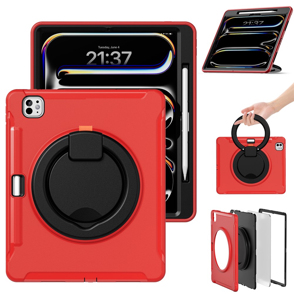For iPad Pro 13 (2025) / (2024) Case Hand Grip Kickstand PC+TPU Cover with Pen Slot - Red