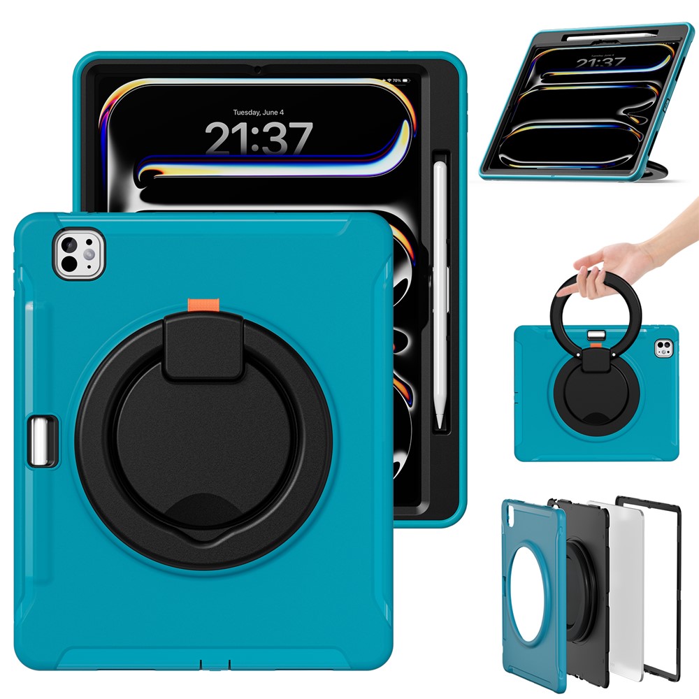 For iPad Pro 13 (2025) / (2024) Case Hand Grip Kickstand PC+TPU Cover with Pen Slot - Blue