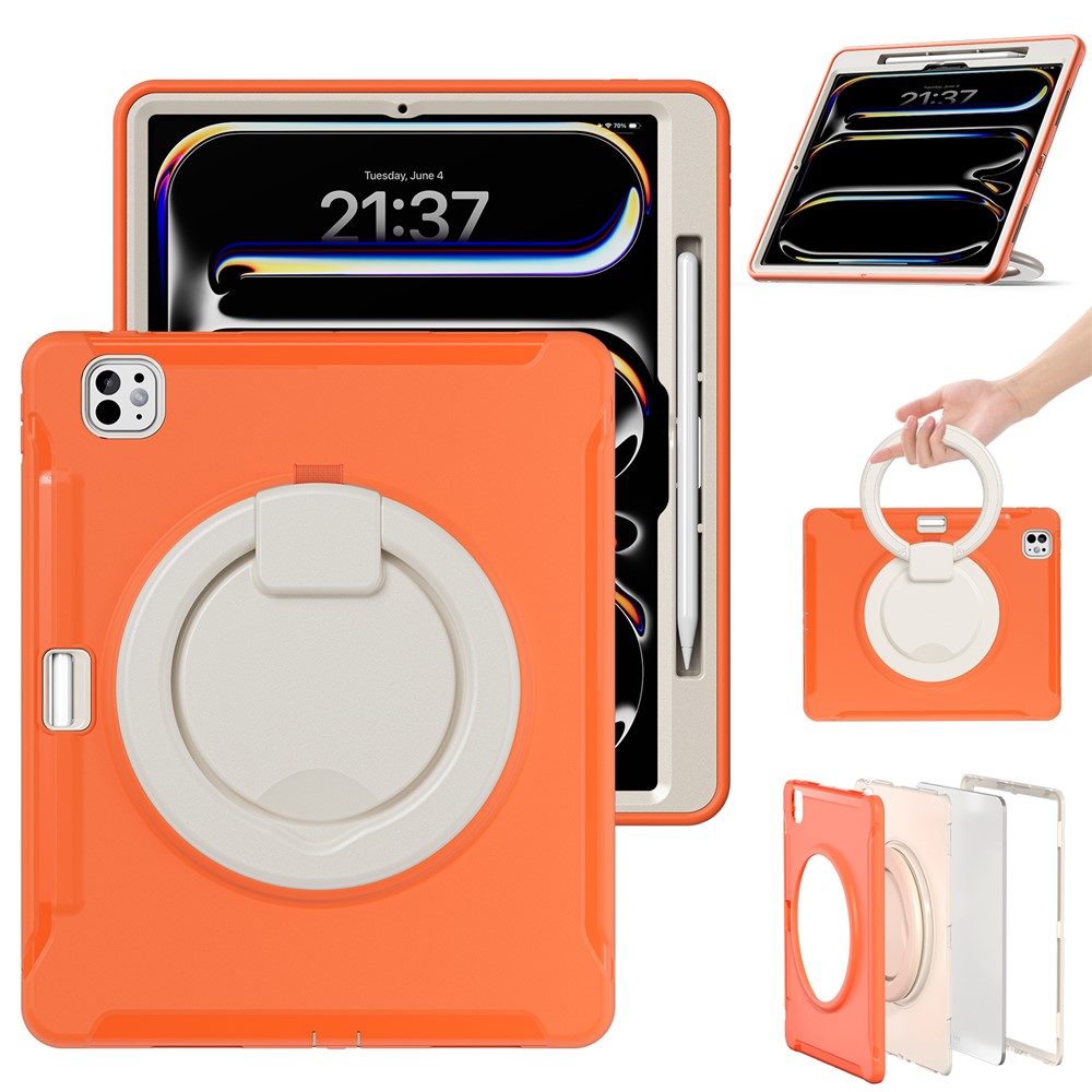 For iPad Pro 13 (2025) / (2024) Case Hand Grip Kickstand PC+TPU Cover with Pen Slot - Coral Orange