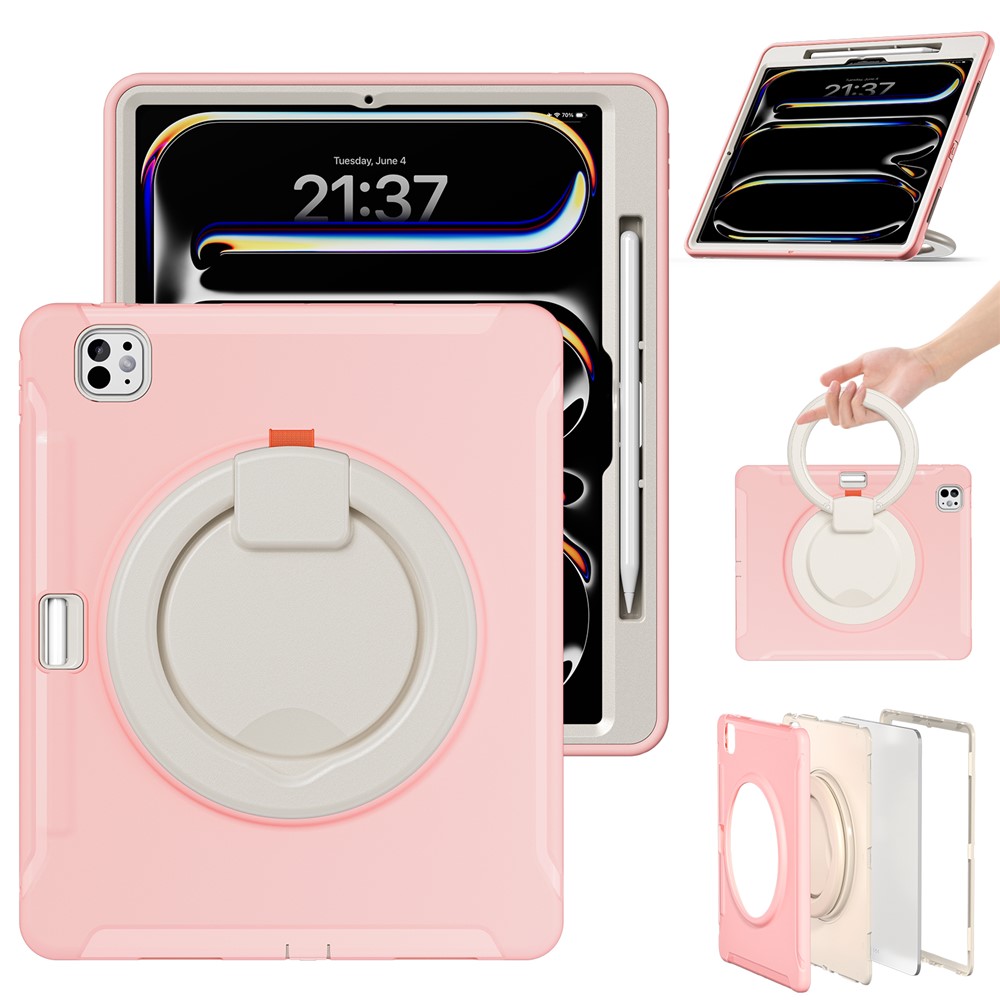 For iPad Pro 13 (2025) / (2024) Case Hand Grip Kickstand PC+TPU Cover with Pen Slot - Cherry Blossoms Pink