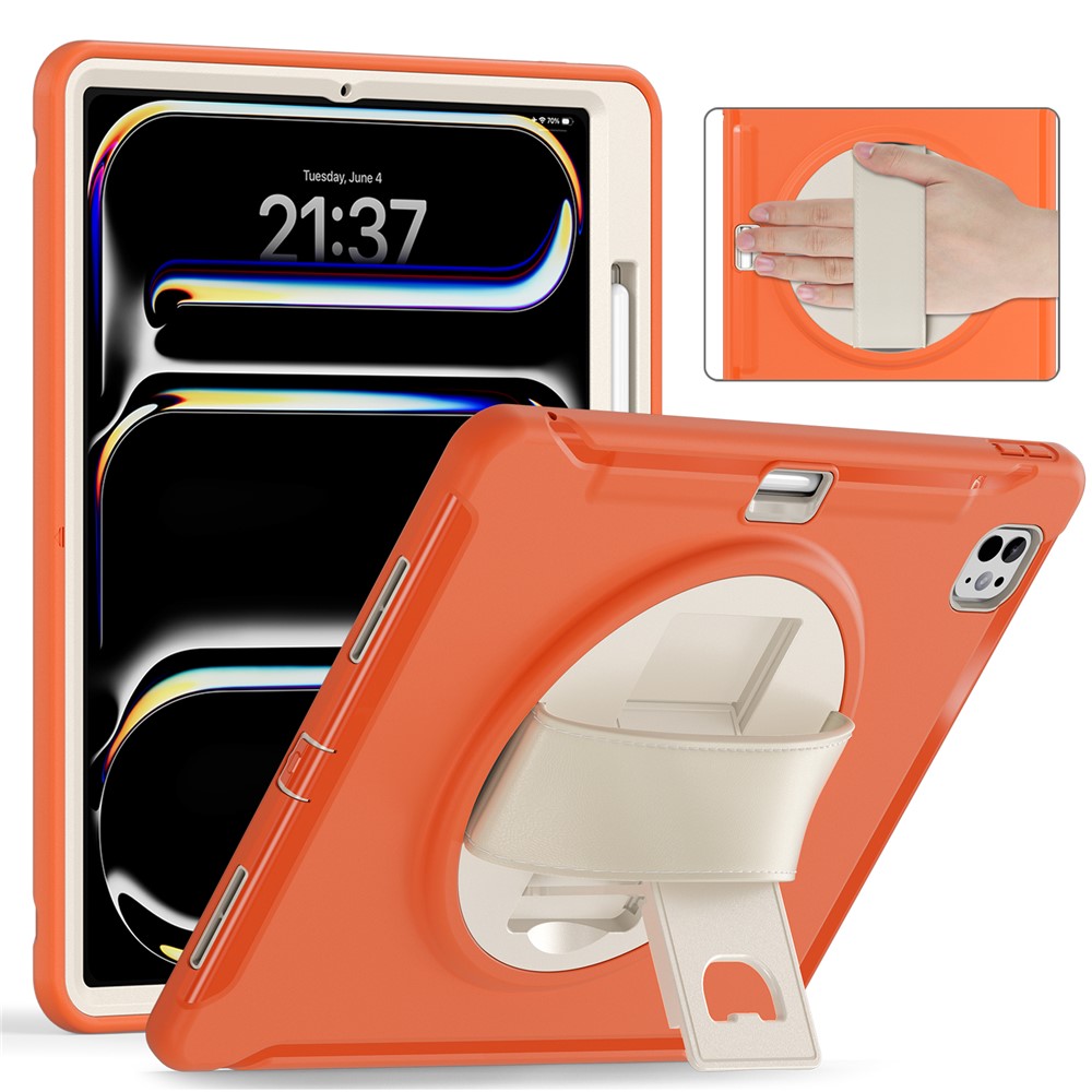 For iPad Pro 13 (2025) / (2024) Case Kickstand PC+TPU+Silicone Cover with Pen Slot - Coral Orange