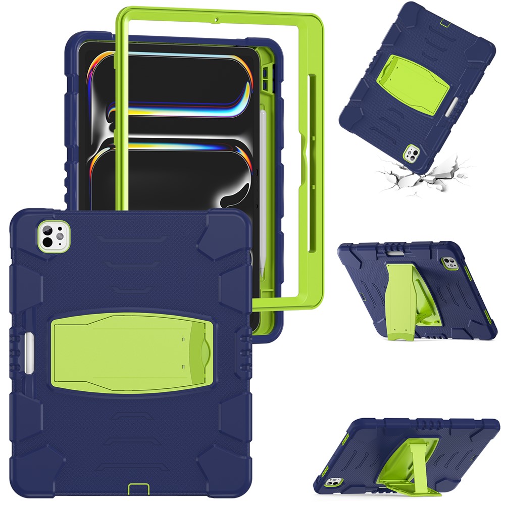 For iPad Pro 13 (2025) / (2024) Kickstand Case PC+Silicone Anti-drop Tablet Cover - Navy Blue+Lime