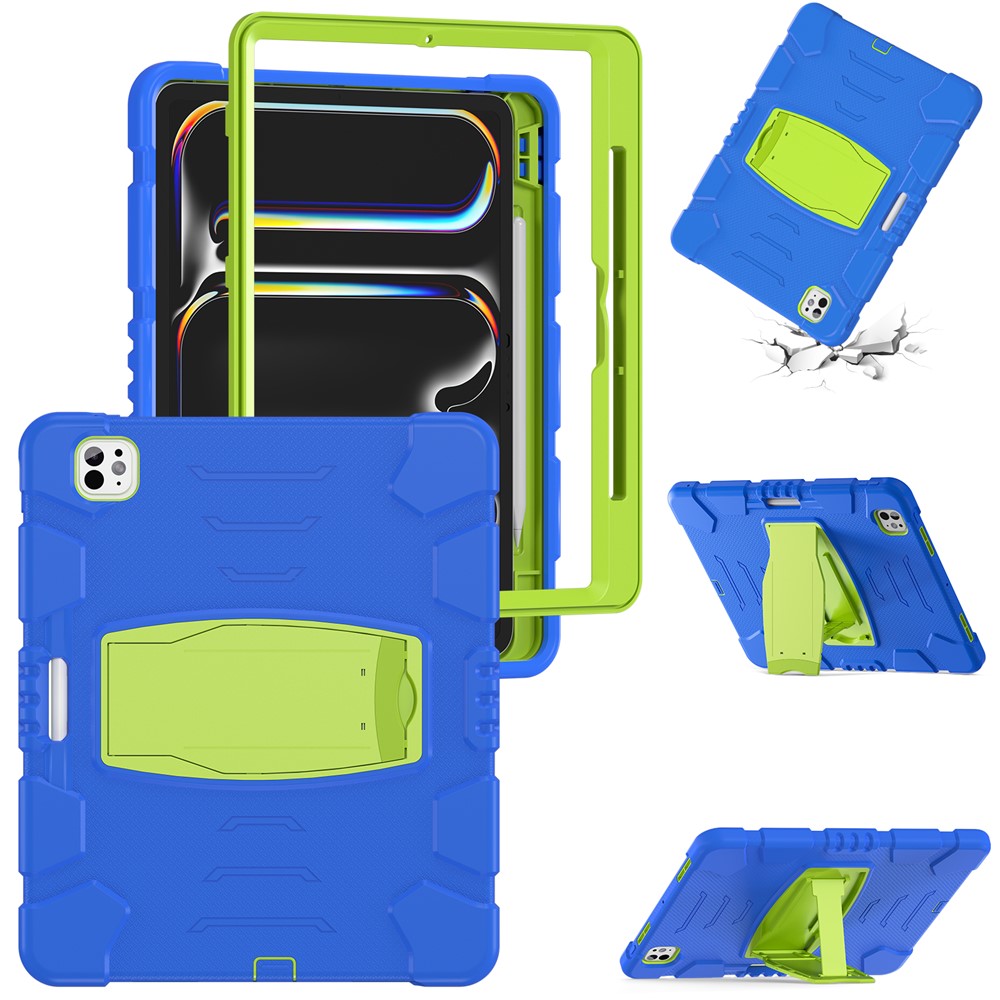 For iPad Pro 13 (2025) / (2024) Kickstand Case PC+Silicone Anti-drop Tablet Cover - Blue+Lime