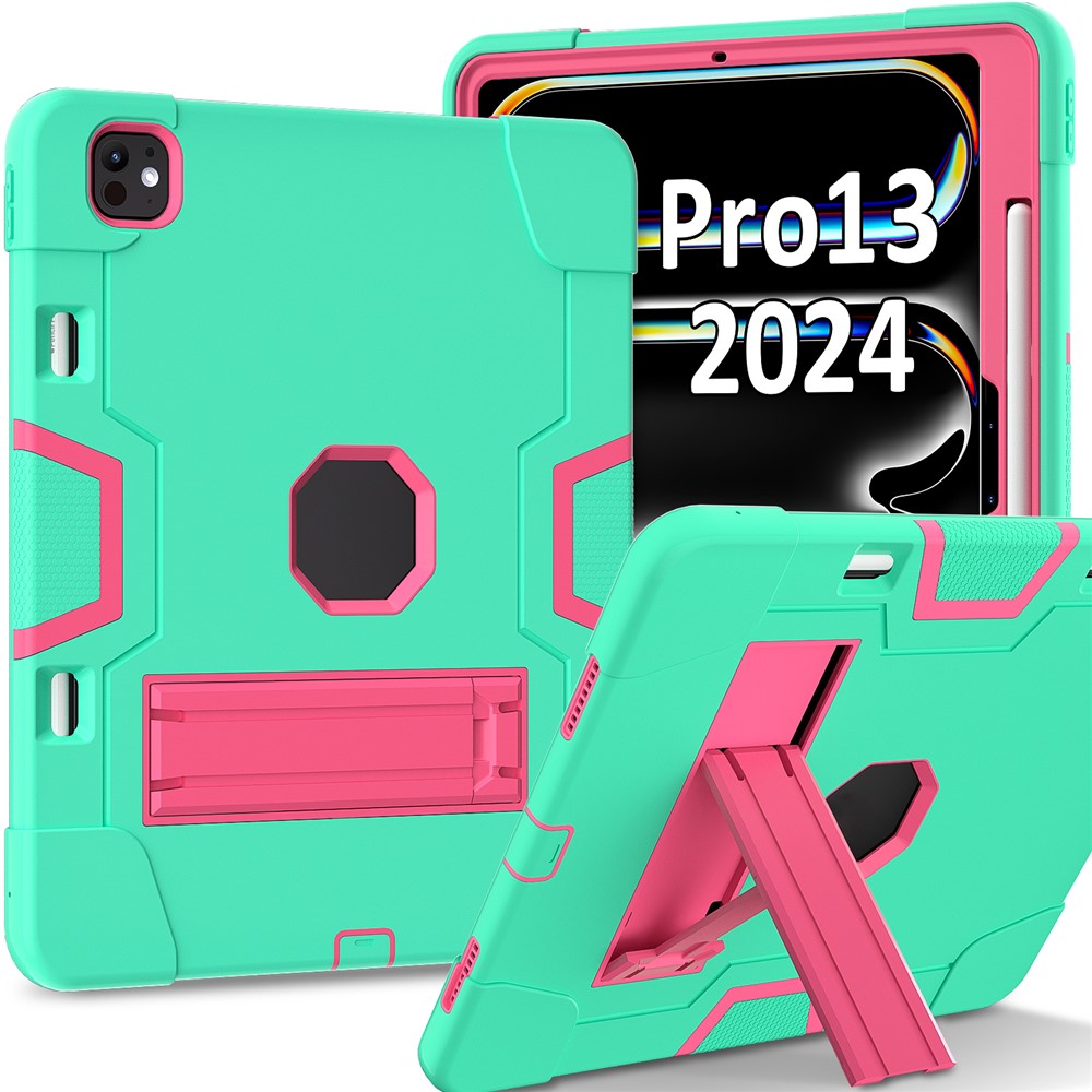 For iPad Pro 13 (2025) / 13 (2024) Case Robot Style Silicone + PC Tablet Cover with Kickstand - Mint Green / Rose
