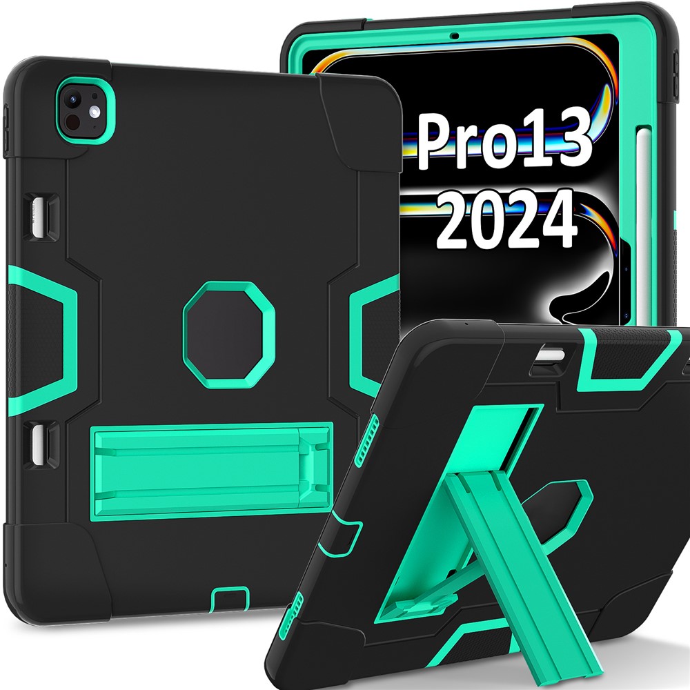 For iPad Pro 13 (2025) / 13 (2024) Case Robot Style Silicone + PC Tablet Cover with Kickstand - Black / Mint Green