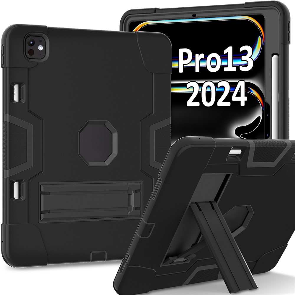 For iPad Pro 13 (2025) / 13 (2024) Case Robot Style Silicone + PC Tablet Cover with Kickstand - Black / Black