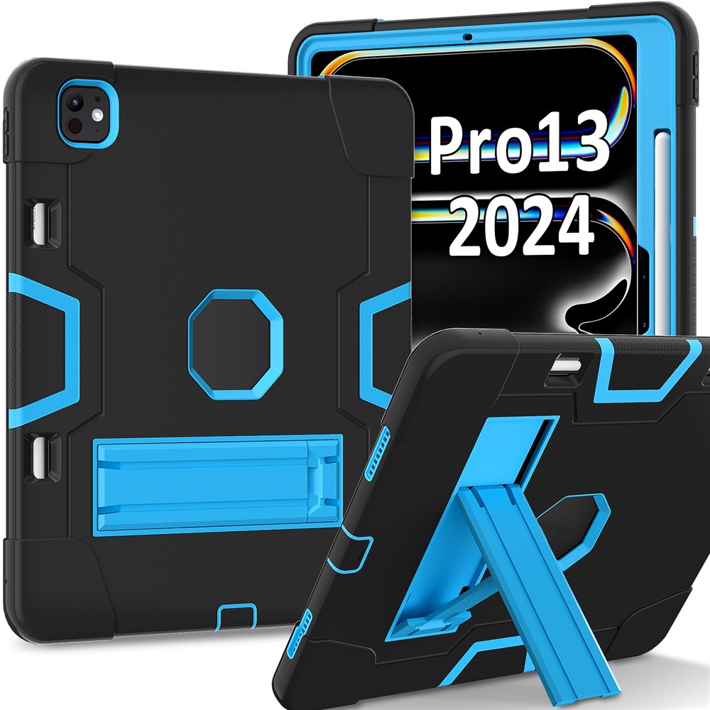For iPad Pro 13 (2025) / 13 (2024) Case Robot Style Silicone + PC Tablet Cover with Kickstand - Black / Blue