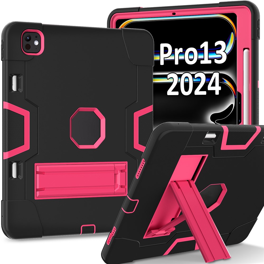 For iPad Pro 13 (2025) / 13 (2024) Case Robot Style Silicone + PC Tablet Cover with Kickstand - Black / Rose