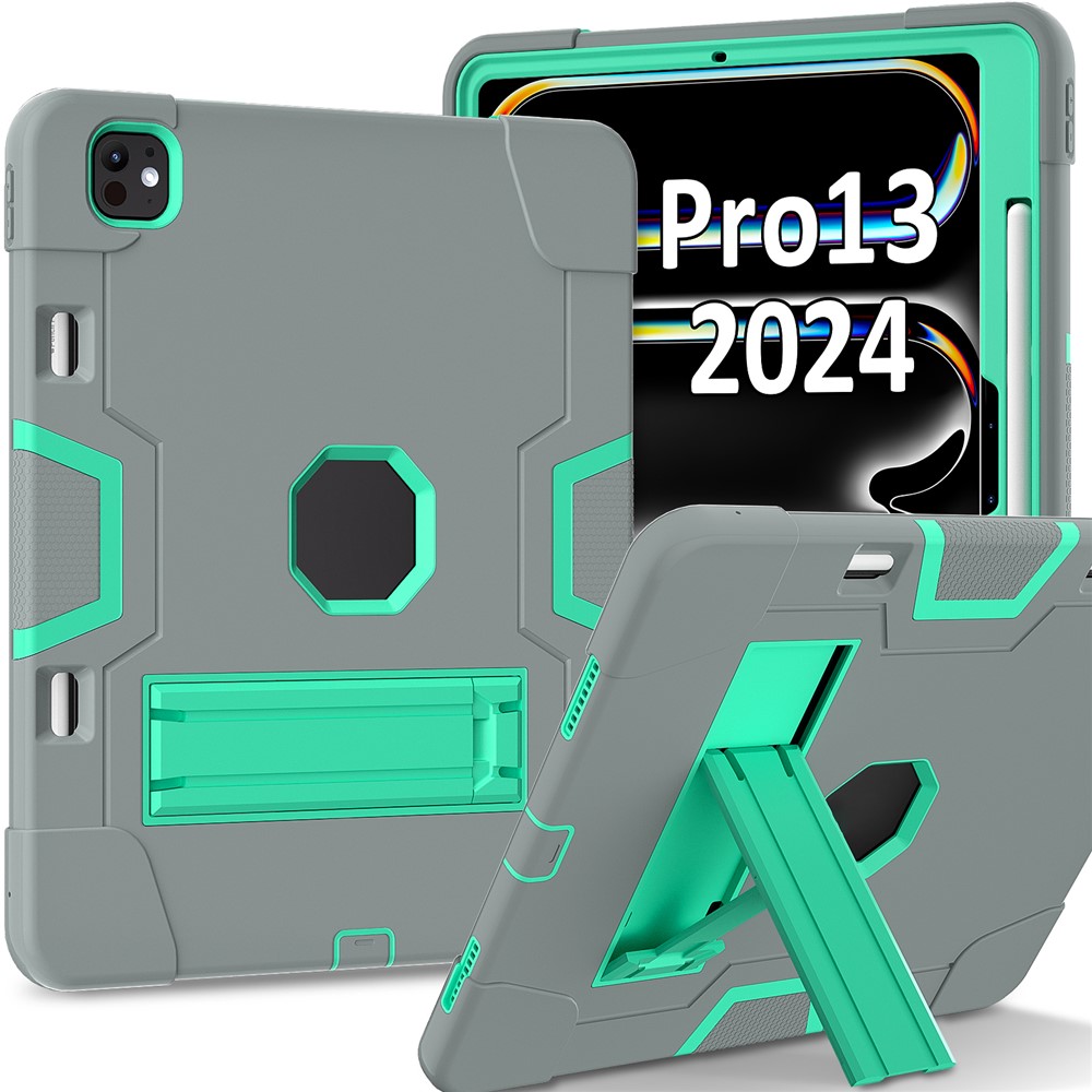 For iPad Pro 13 (2025) / 13 (2024) Case Robot Style Silicone + PC Tablet Cover with Kickstand - Grey / Mint Green