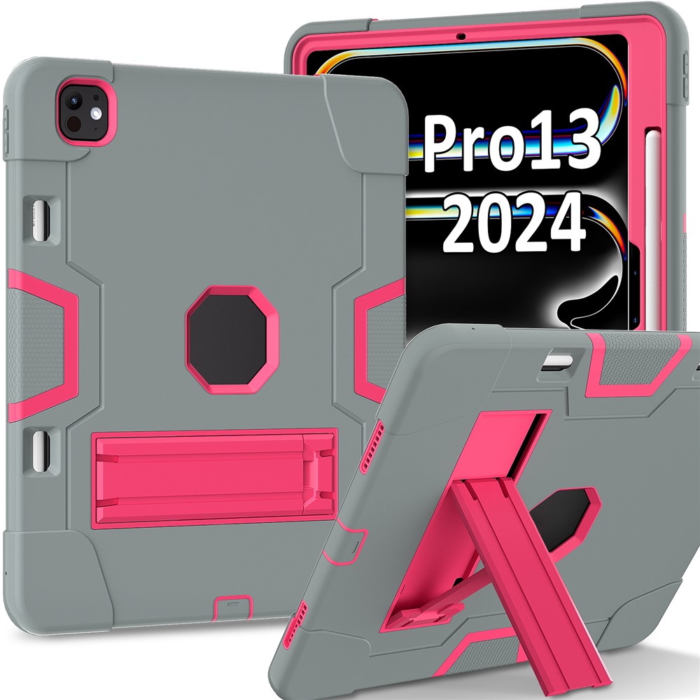 For iPad Pro 13 (2025) / 13 (2024) Case Robot Style Silicone + PC Tablet Cover with Kickstand - Grey / Rose