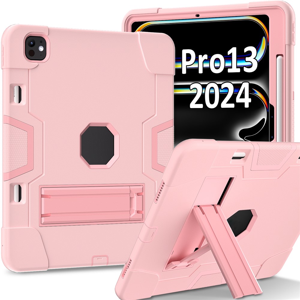 For iPad Pro 13 (2025) / 13 (2024) Case Robot Style Silicone + PC Tablet Cover with Kickstand - Rose Gold